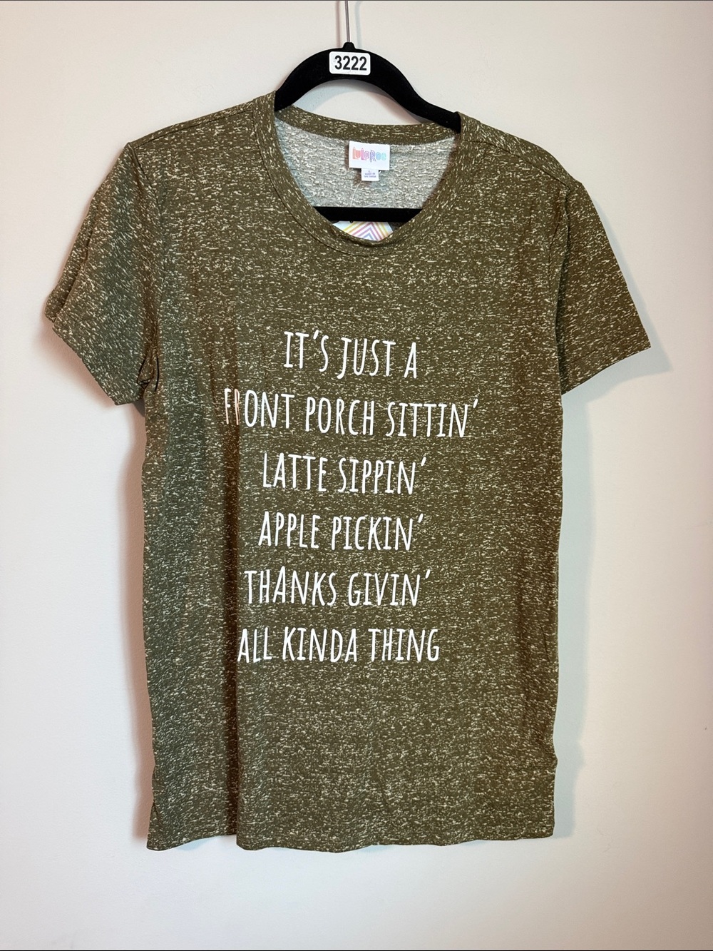 LuLaRoe Olive Green Short Sleeve Graphic Tee with White Text